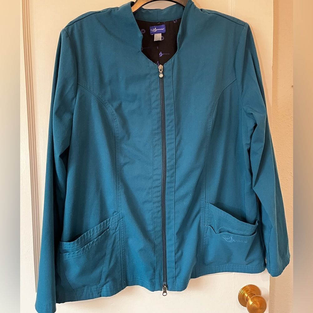 Sapphire Women’s Lab Jacket Large Aqua Underarm To Underarm 23” Length 26” EUC